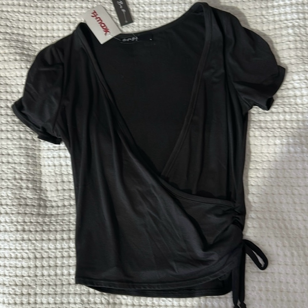 Black Short Sleeve Wrap Blouse